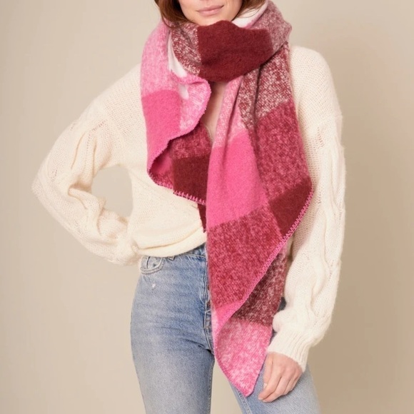 Avenue Zoe Oversized Long Pink Burgundy Plaid Scarf - Picture 2 of 9